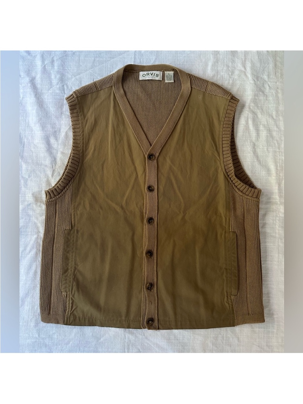 Orvis Knit Fishing Vest Canvas Like Front Sz L Button Front Rare Fisherman